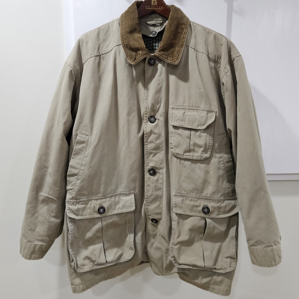 Mens Vtg Chore Barn Coat M Corduroy Collar Canvas Cuff Tan Broken in NEO Work